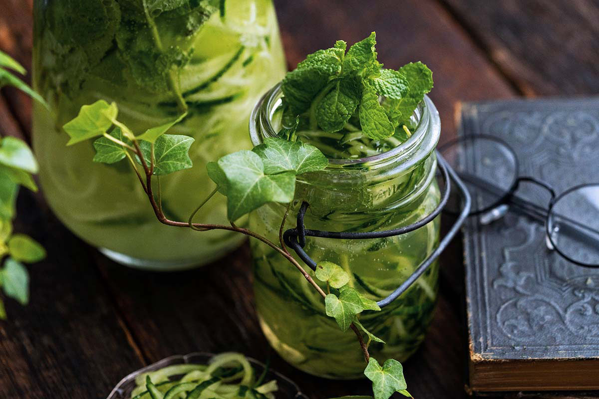 sparkling cucumber mint spa water in glass on wooden table