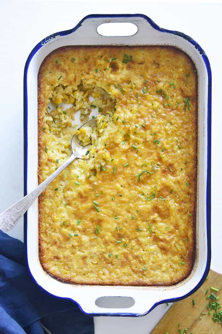 top view of corn pudding in casserole dish