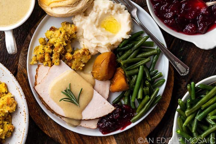 top view of turkey dinner with homemade gravy made without drippings