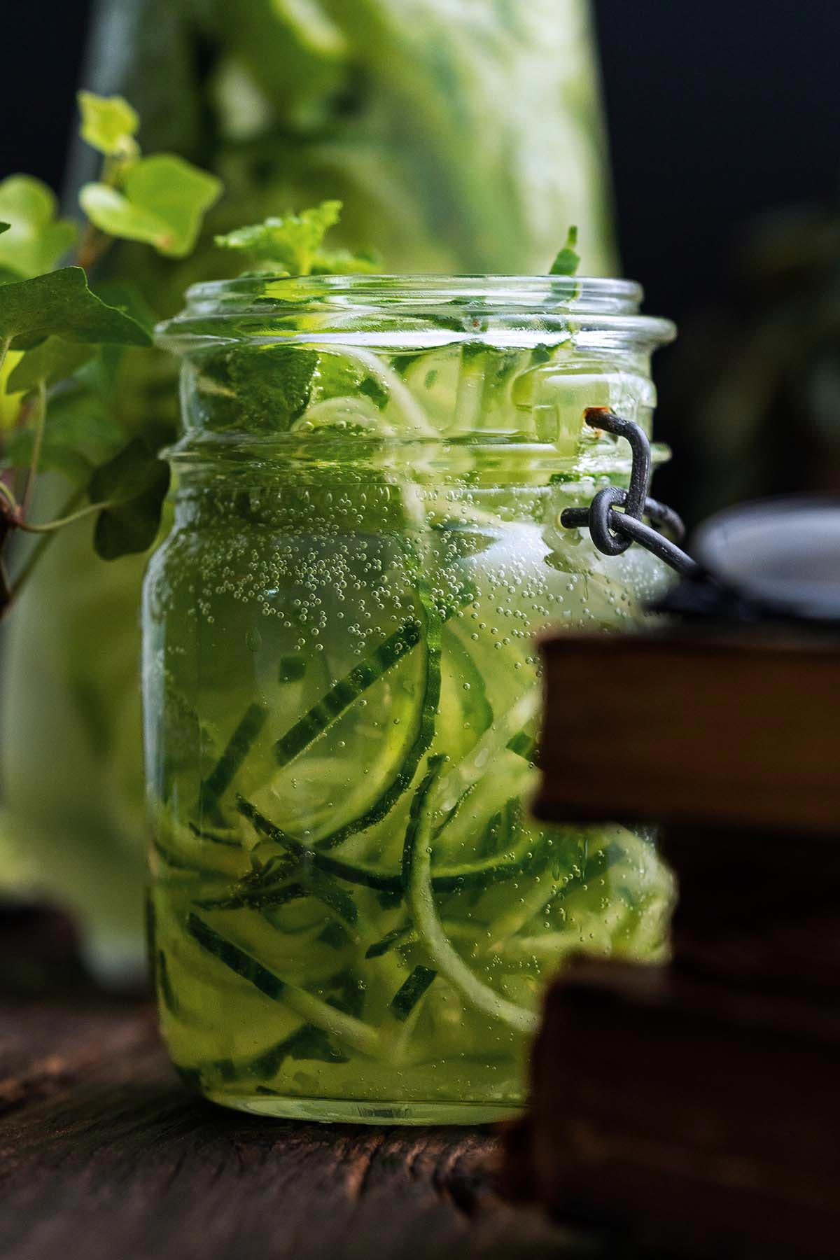 vintage mason jar with non alcoholic Harry Potter drink gillywater next to ivy plant