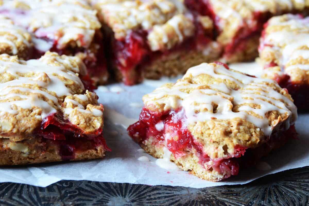 side view of cranberry oatmeal bars on baking tray