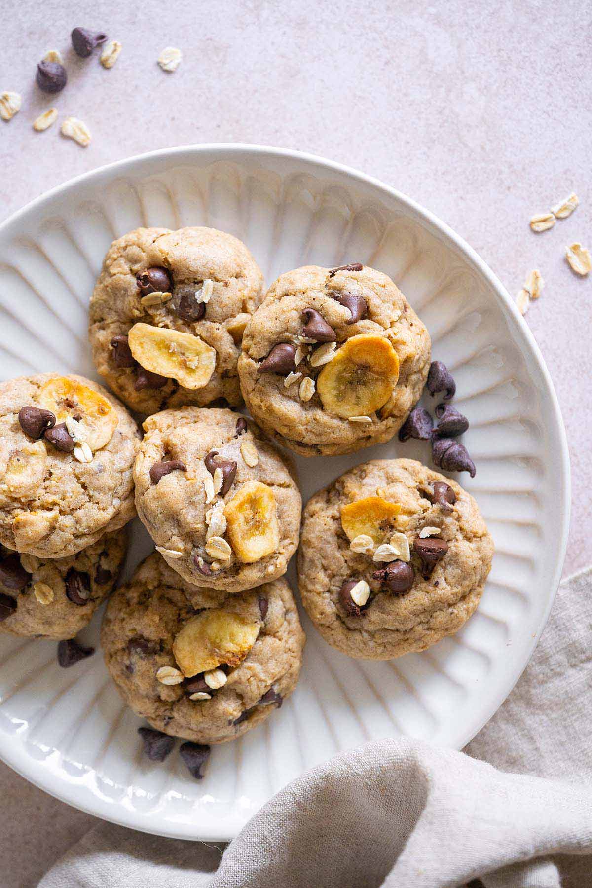 top view of plate of double banana cookies