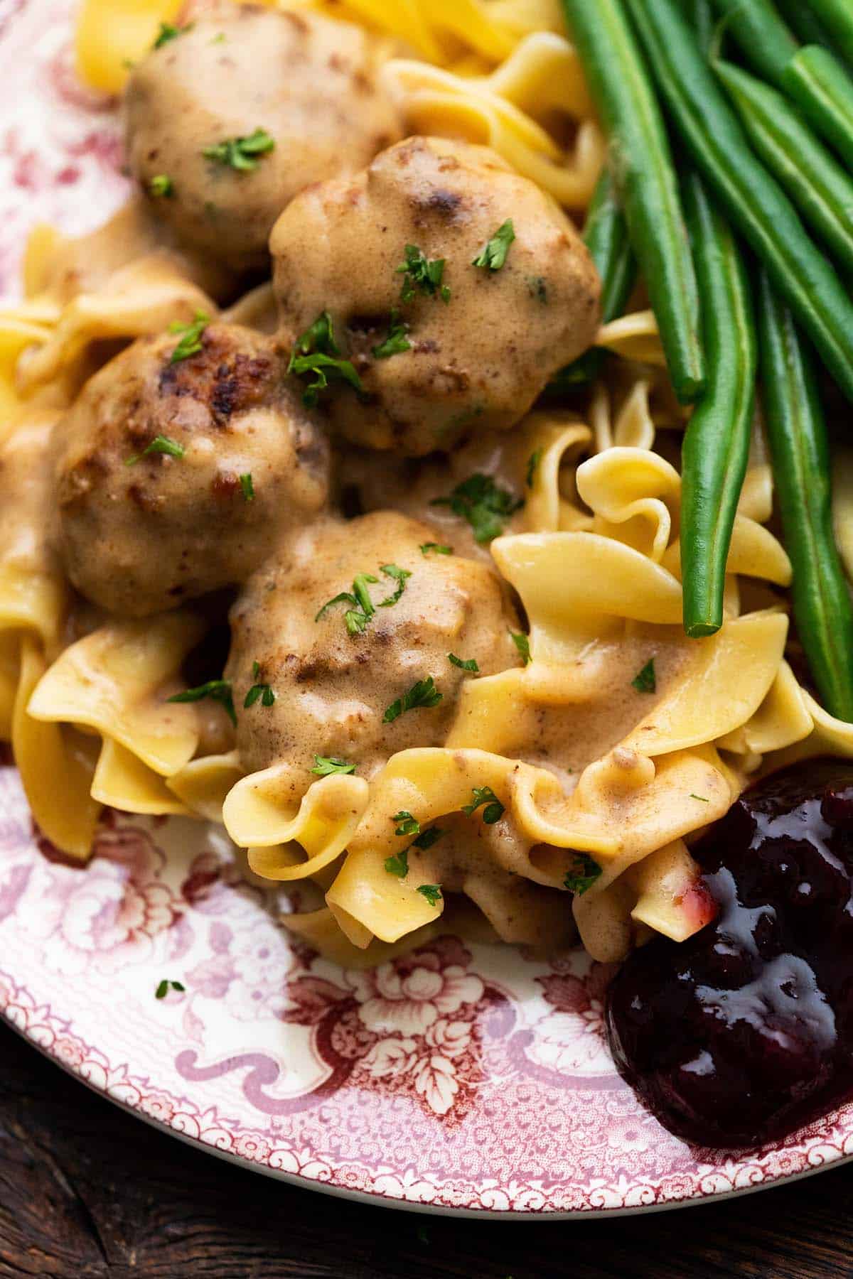 close up of swedish meatball dinner on plate