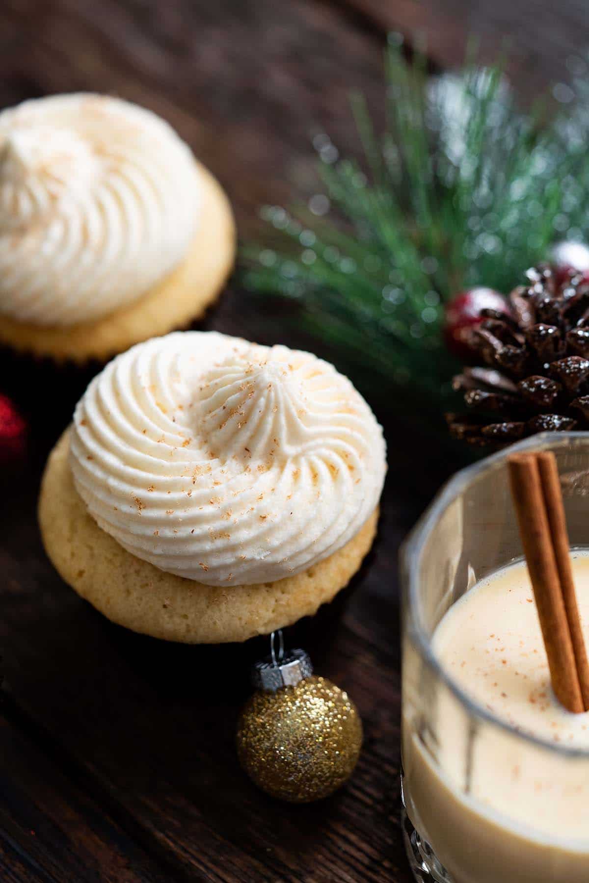 cupcakes with glass of eggnog in front