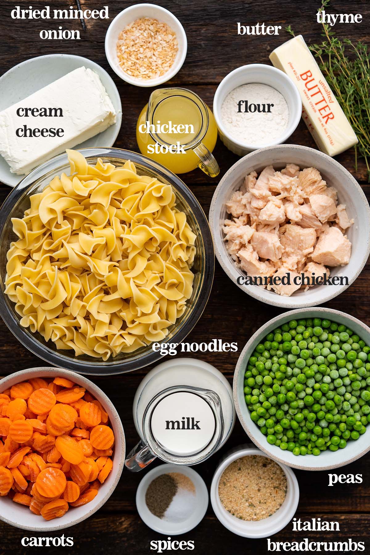 chicken noodle bake recipe ingredients with egg noodles and canned chicken
