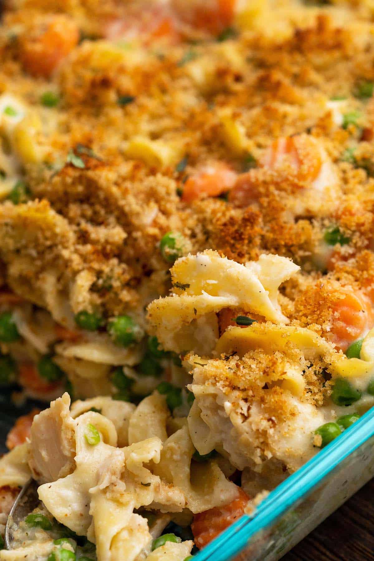 close up view of chicken noodle casserole