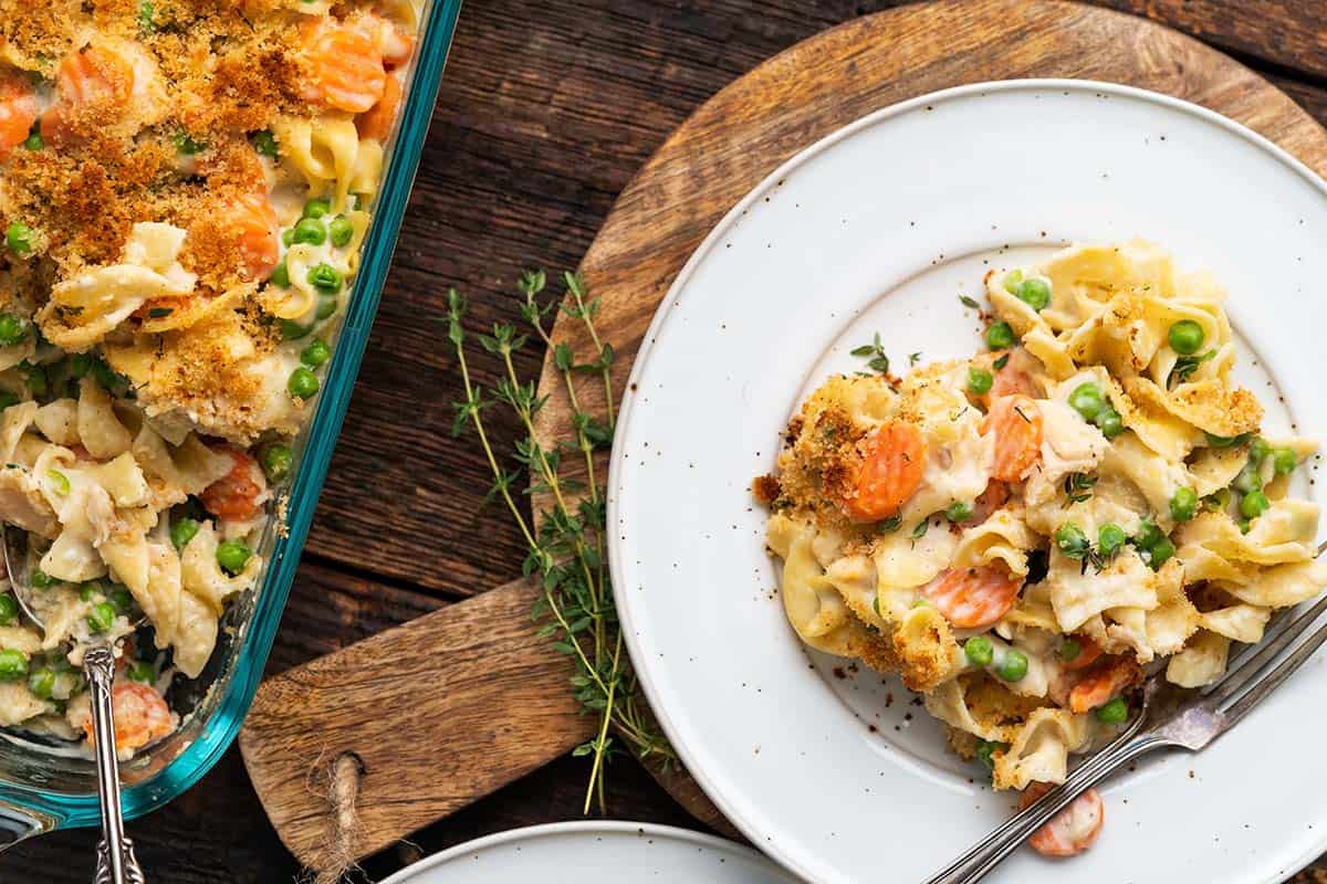 overhead view of serving of chicken noodle casserole on plate