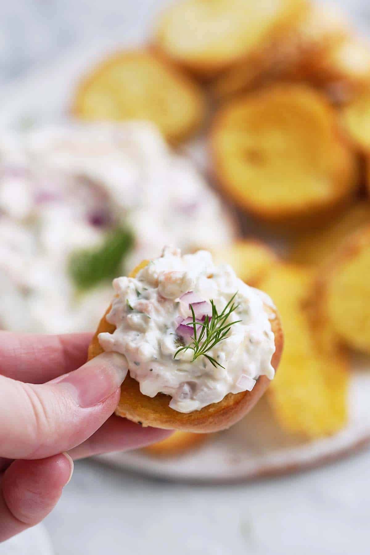 hand holding bagel chip topped with smoked salmon dip