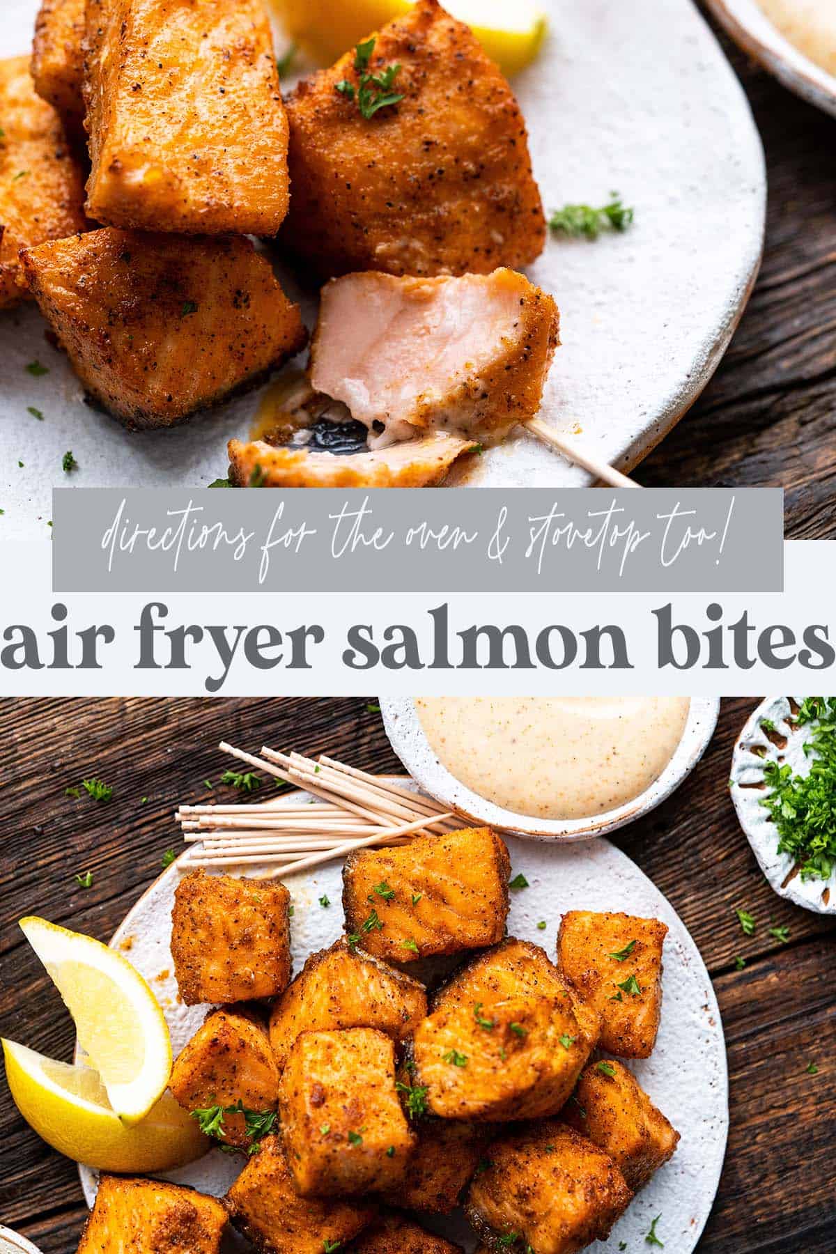 air fryer salmon bites recipe pin