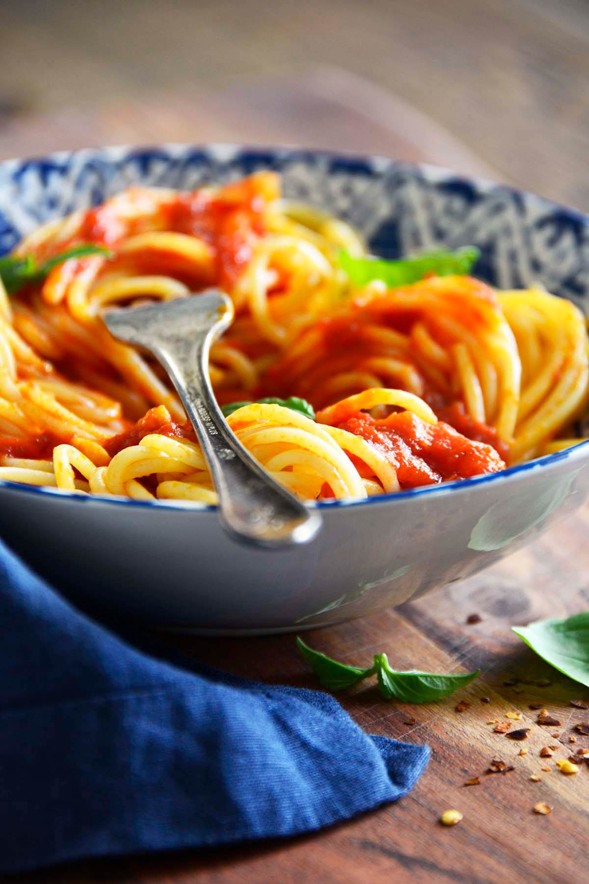 front view of bowl of spaghetti marinara on wooden table