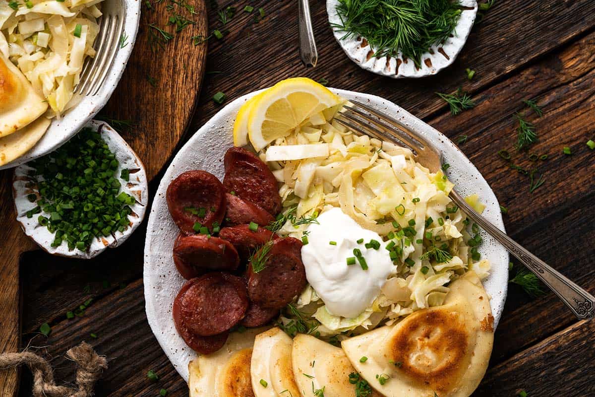 kielbasa and pierogi bowl