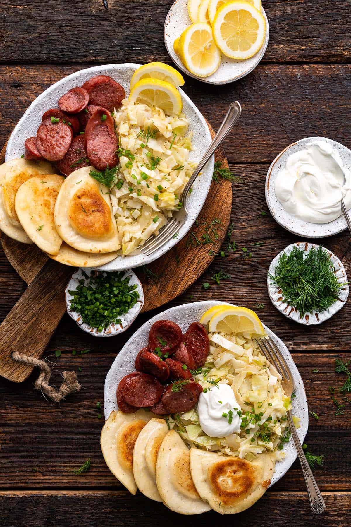 meal of kielbasa and pierogies