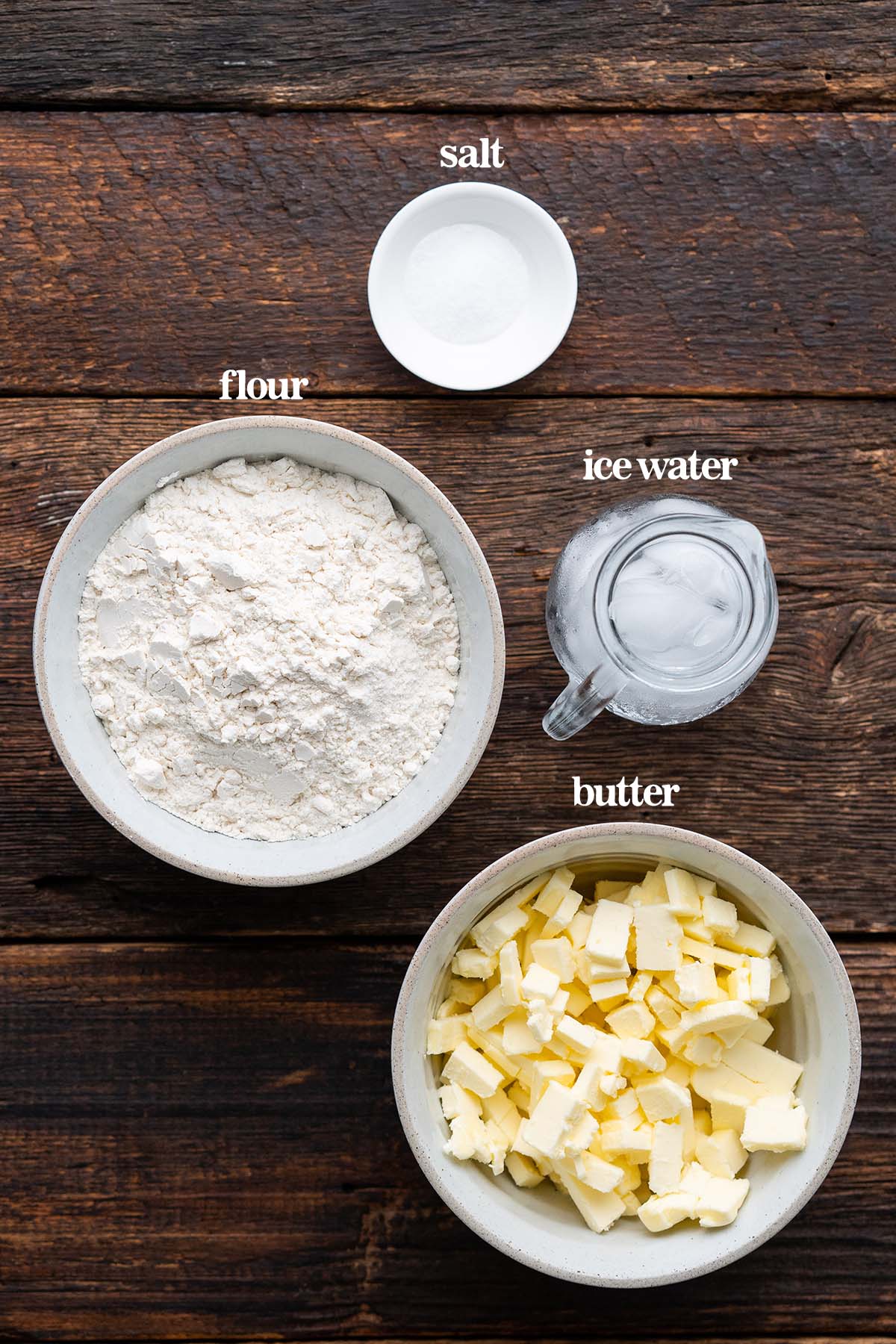 shortcrust pastry ingredients on wooden table