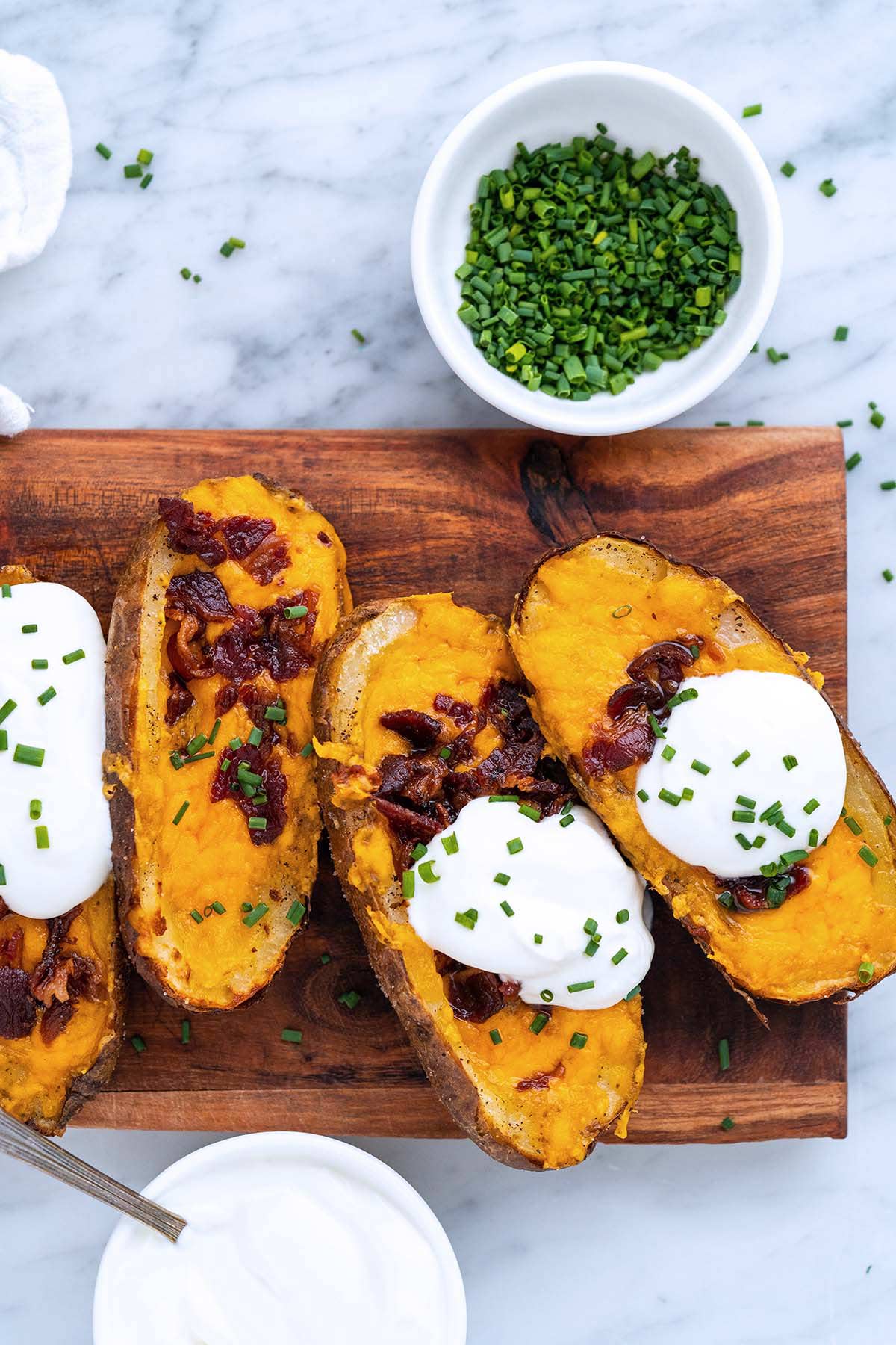 top view of crispy twice baked potato skins made in air fryer