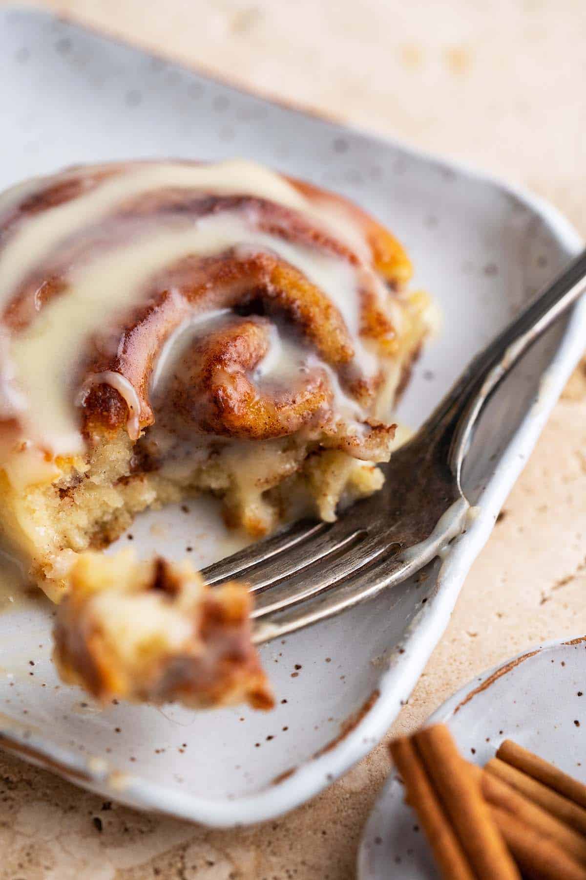 close up front view of keto cinnamon rolls with fathead dough