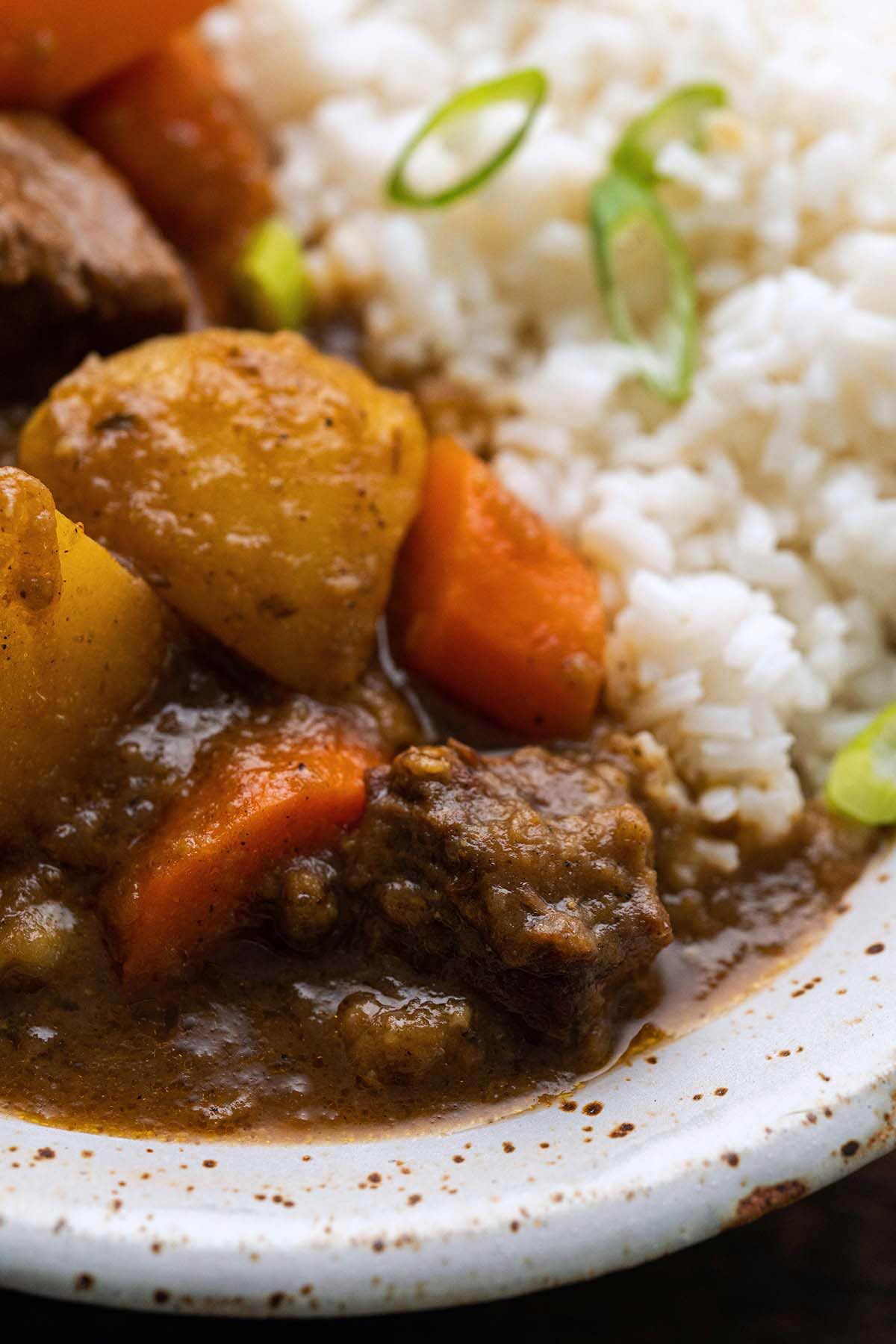 close up of Japanese golden curry with beef