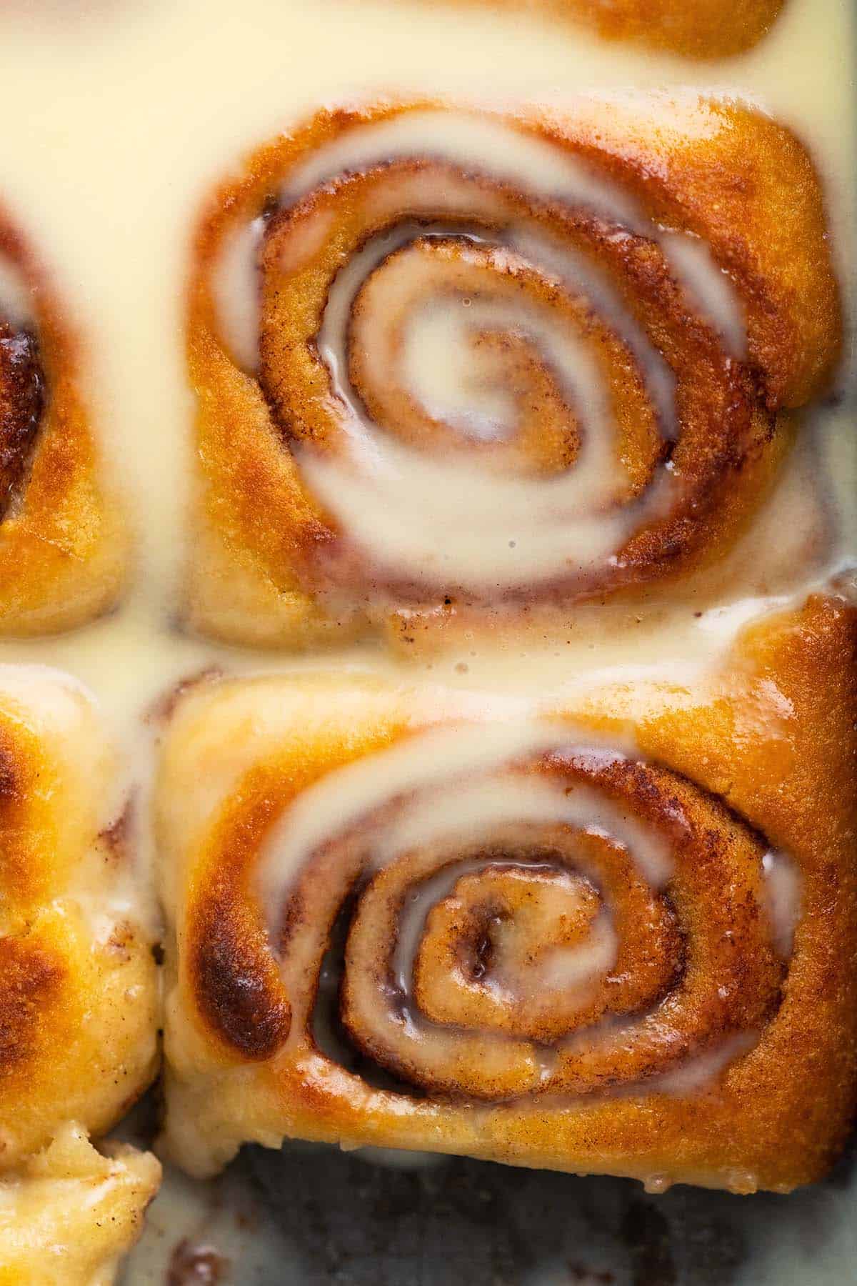 close up top view of gooey keto cinnamon rolls