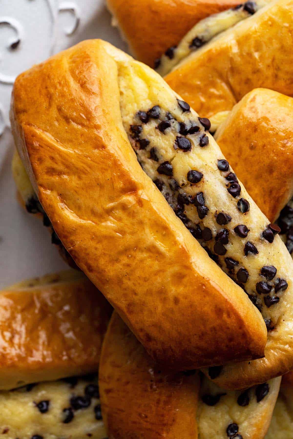 close up top view of pain suisse au chocolat