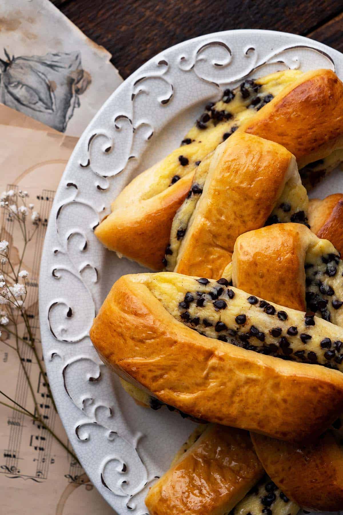 french pastries with chocolate and pastry cream on platter