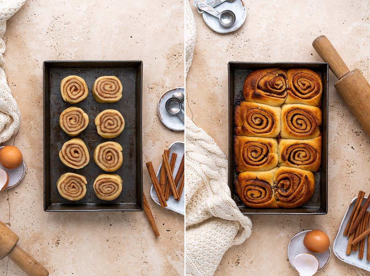 keto cinnamon rolls in pan before and after baking