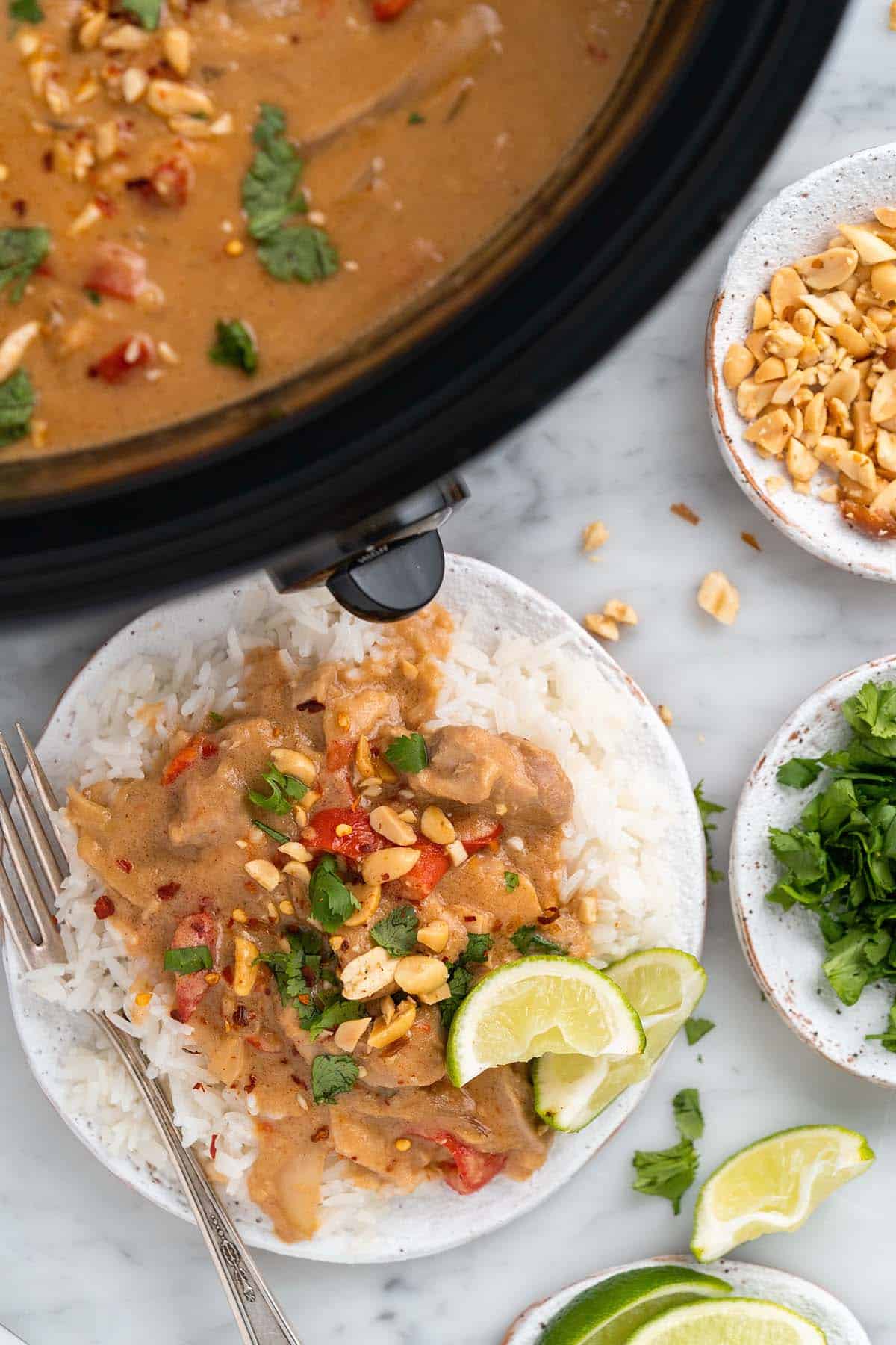 overhead view of slow cooker thai peanut chicken with individual serving on the side with rice