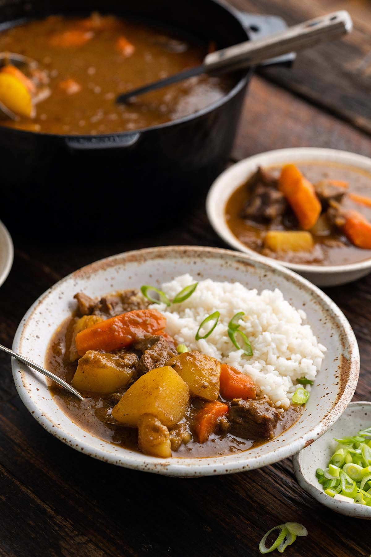 stoneware bowl with steamed rice and Japanese beef curry made with curry roux