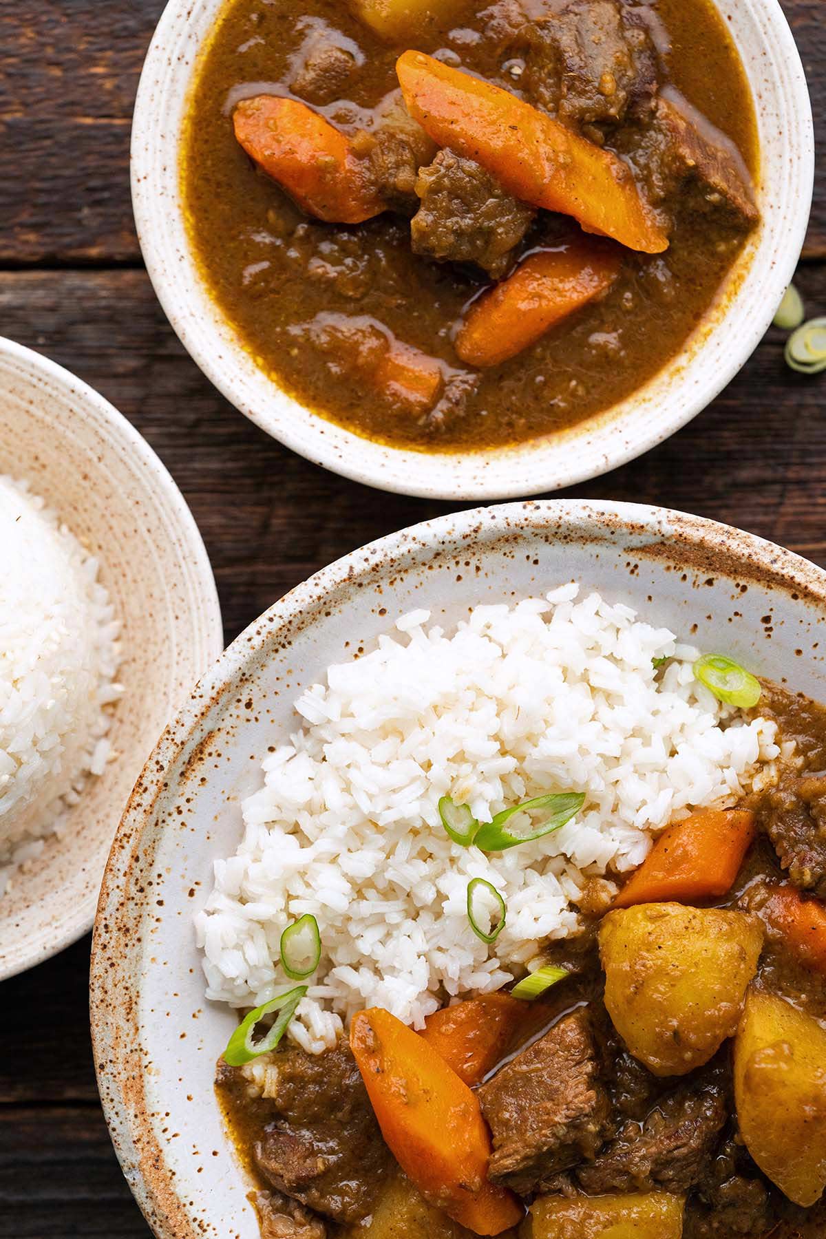 top view of steamed rice with Japanese beef curry made with curry roux