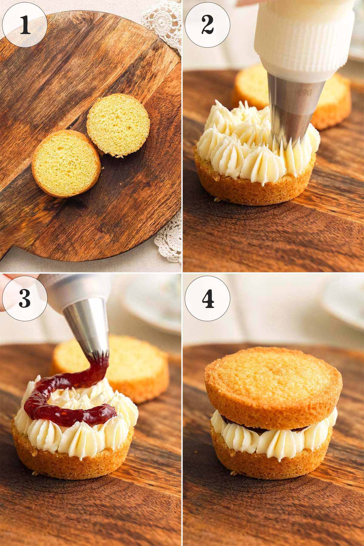 how to fill Victoria sponge cake sandwiches with cream and jam