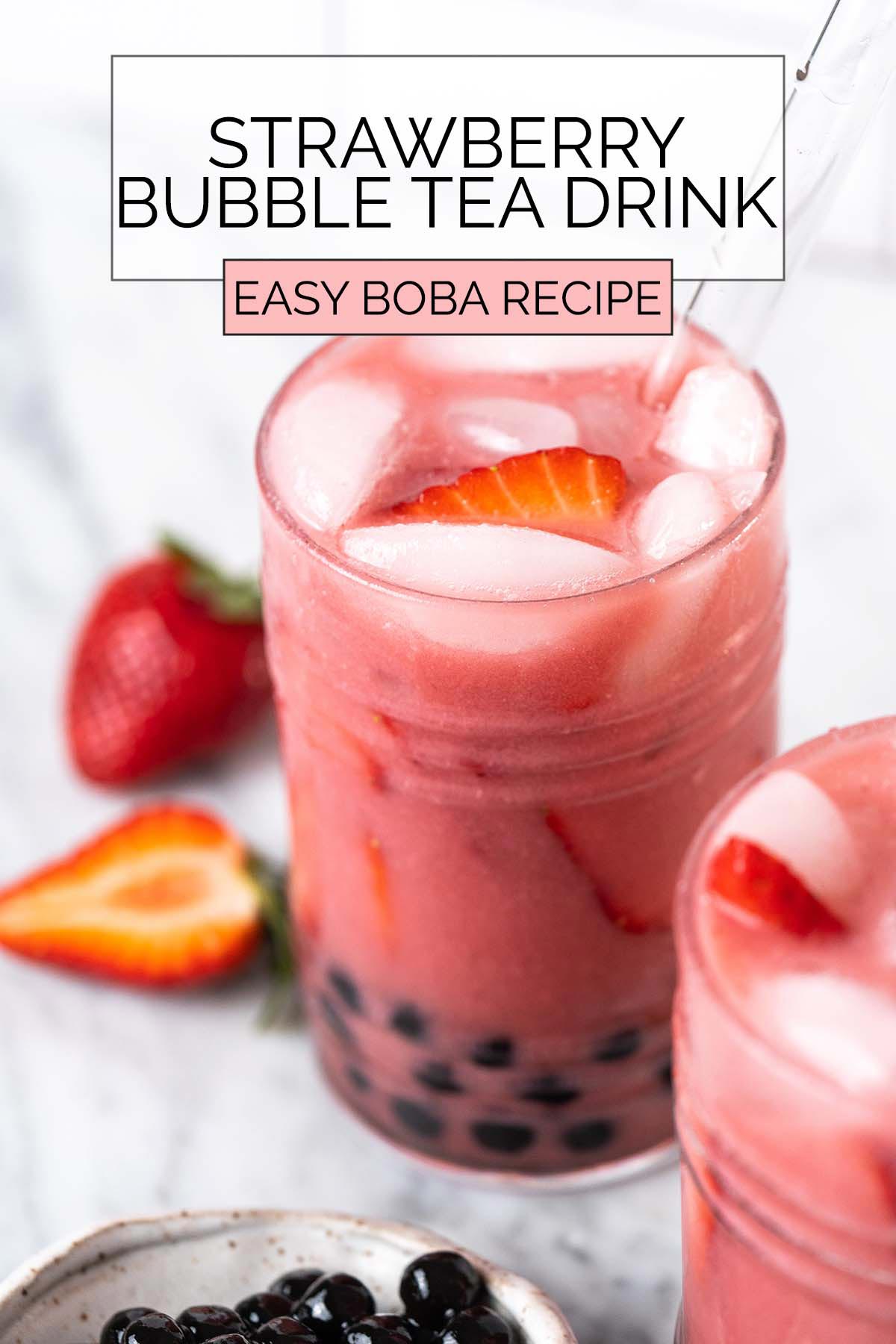 strawberry boba milk tea drink recipe pin