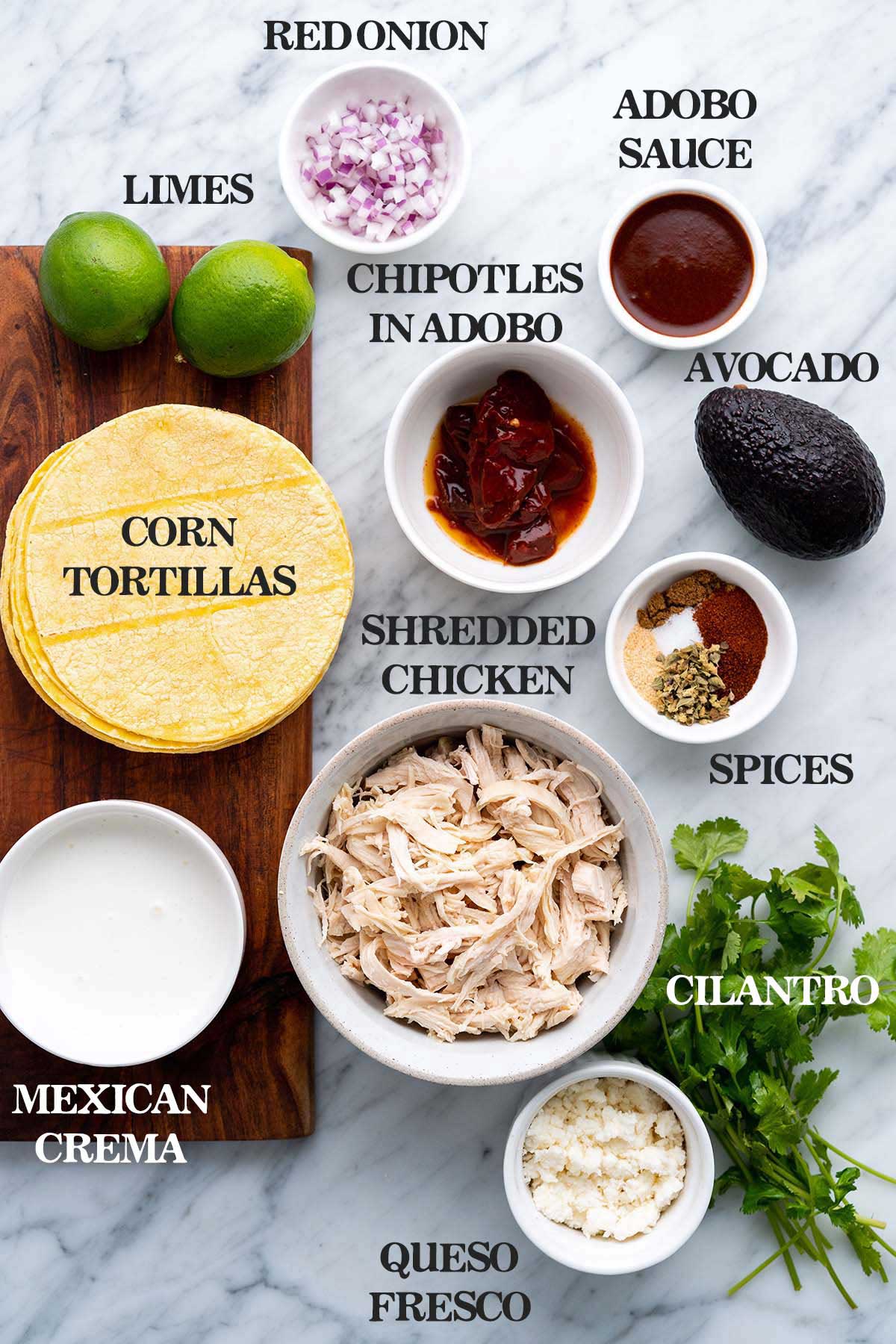 creamy chipotle pulled chicken tacos ingredients with shredded chicken