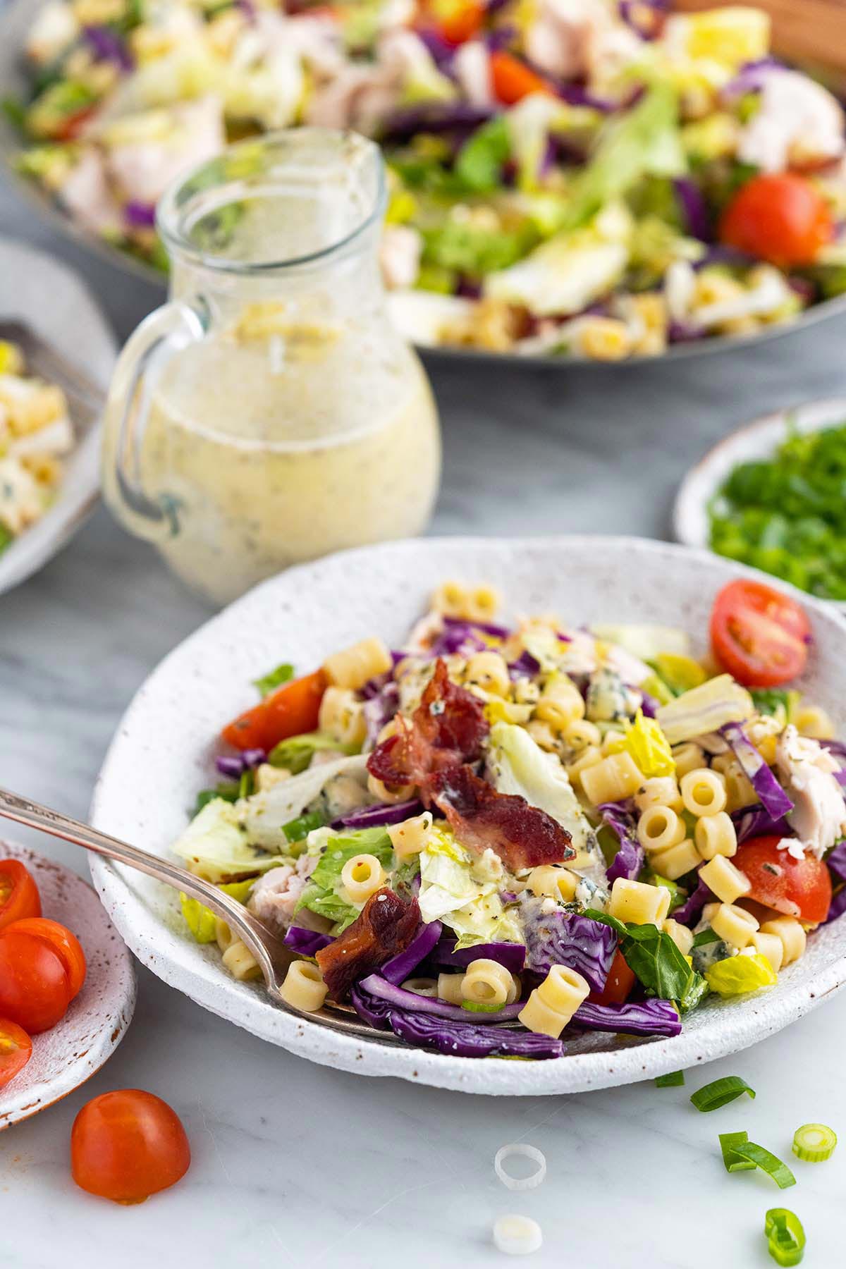 front view of portillos chopped salad in stoneware bowl