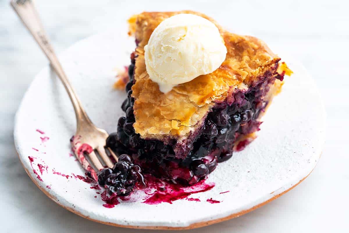 close up front view of serving of blueberry pie with ice cream on handmade pottery plate