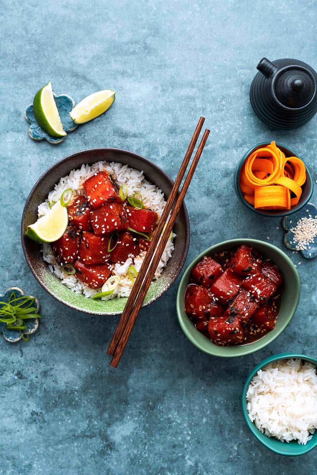 spread of vegan sushi poke bowls with rice
