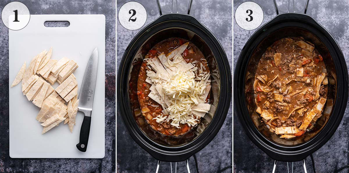 adding tortillas and cheese to crockpot enchilada casserole