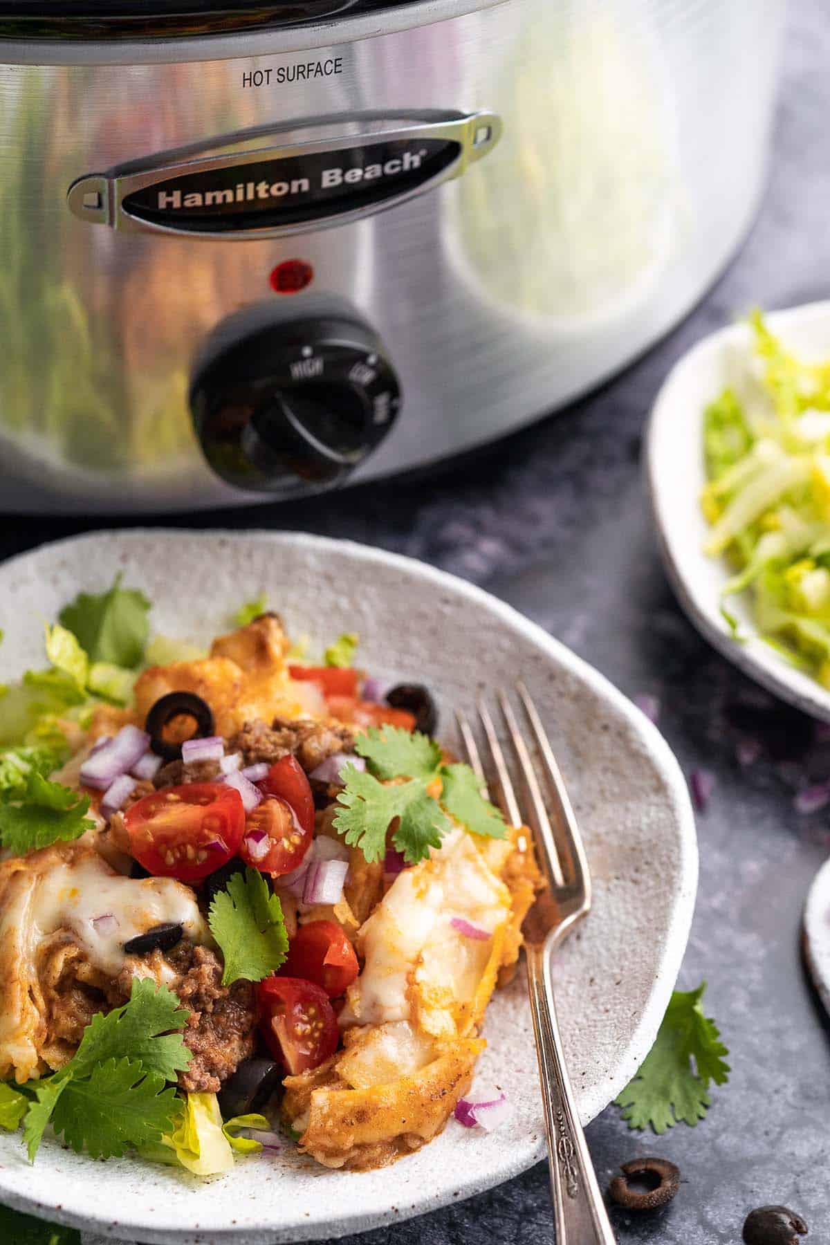 beef enchiladas on plate with slow cooker in background