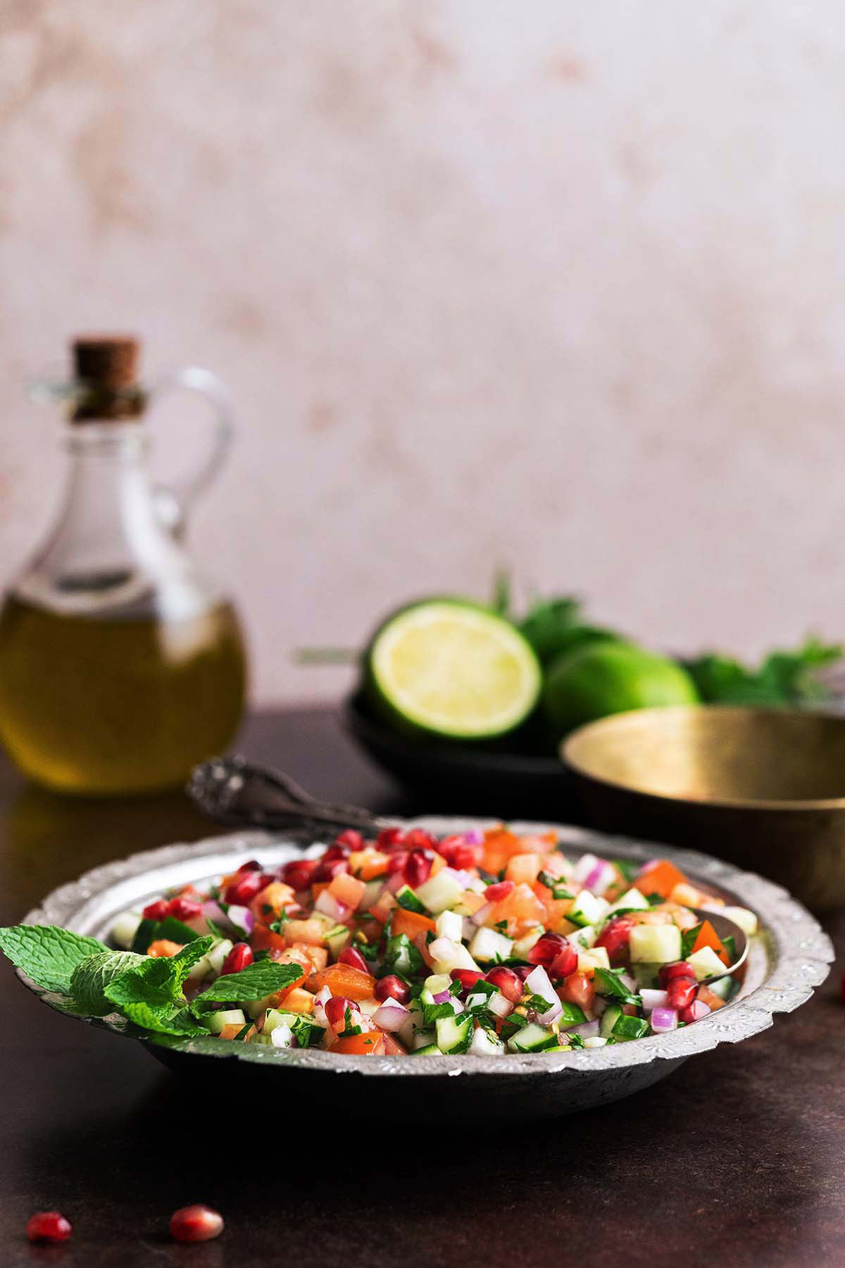 front view of Persian salad in silver bowl