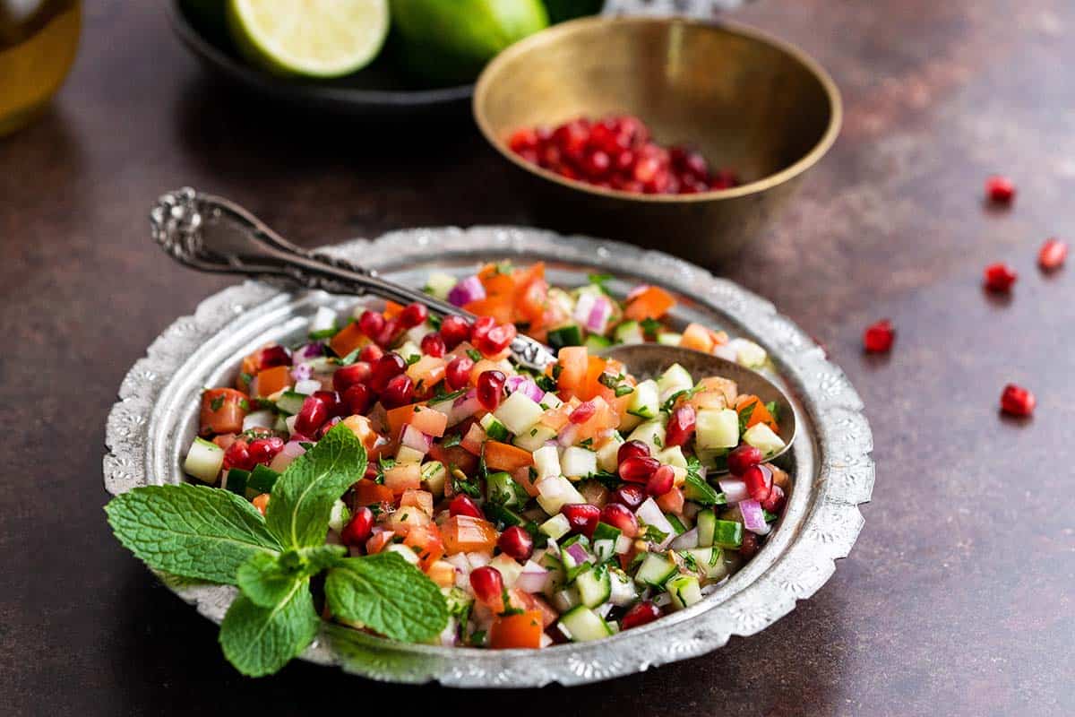 front view of salad shirazi in old middle eastern bowl