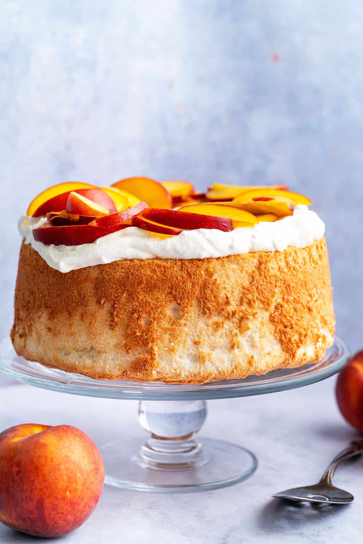 front view of whole angel food cake on stand