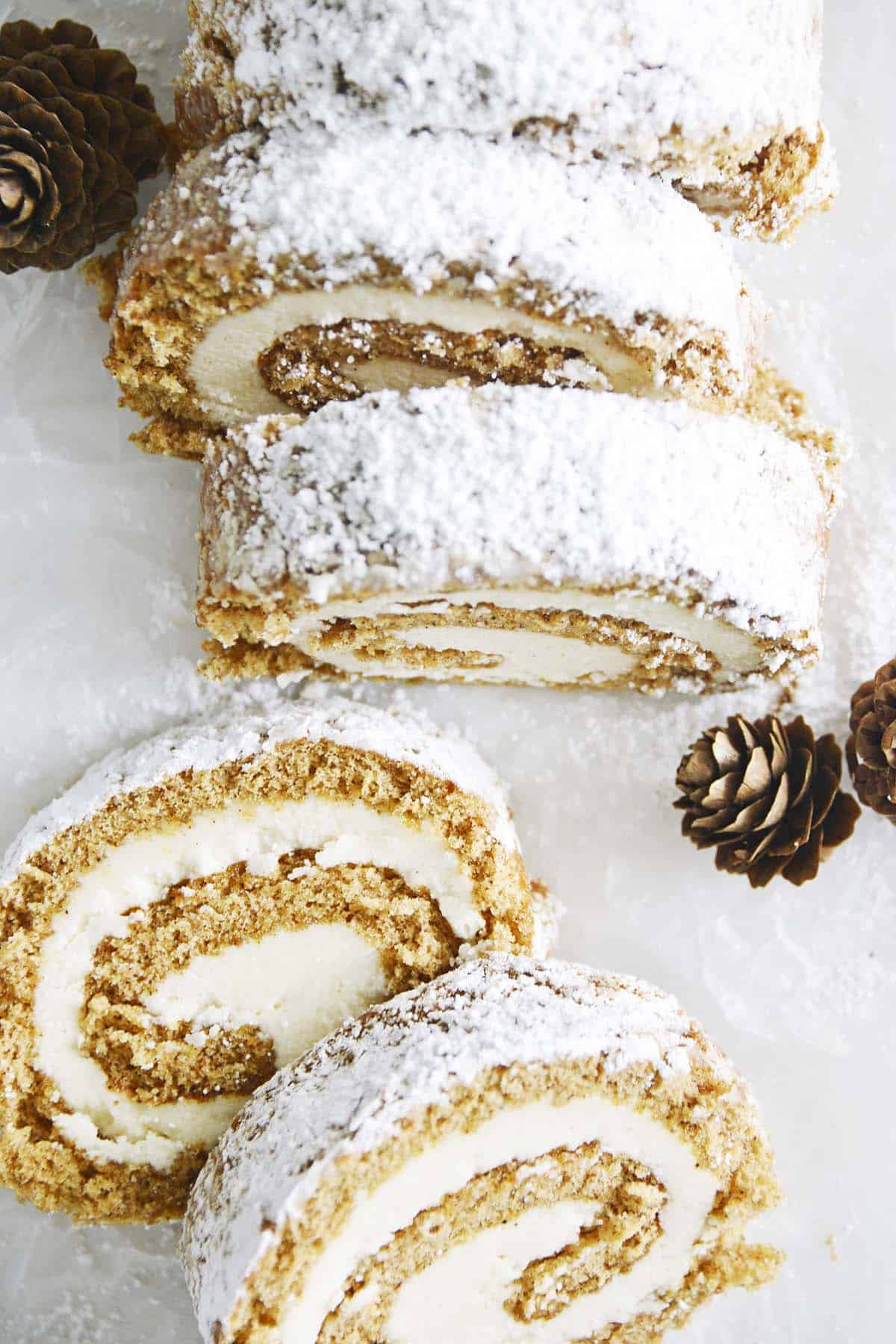 gingerbread cake roll slices on parchment paper