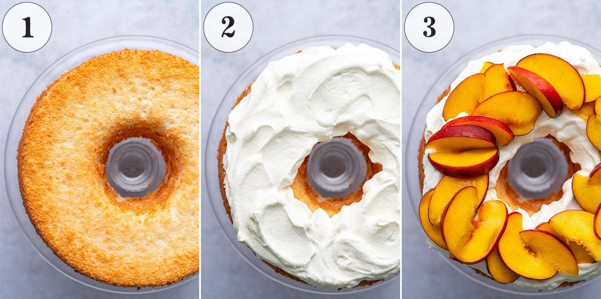 how to decorate the top of an angel food cake with fresh fruit and whipped cream
