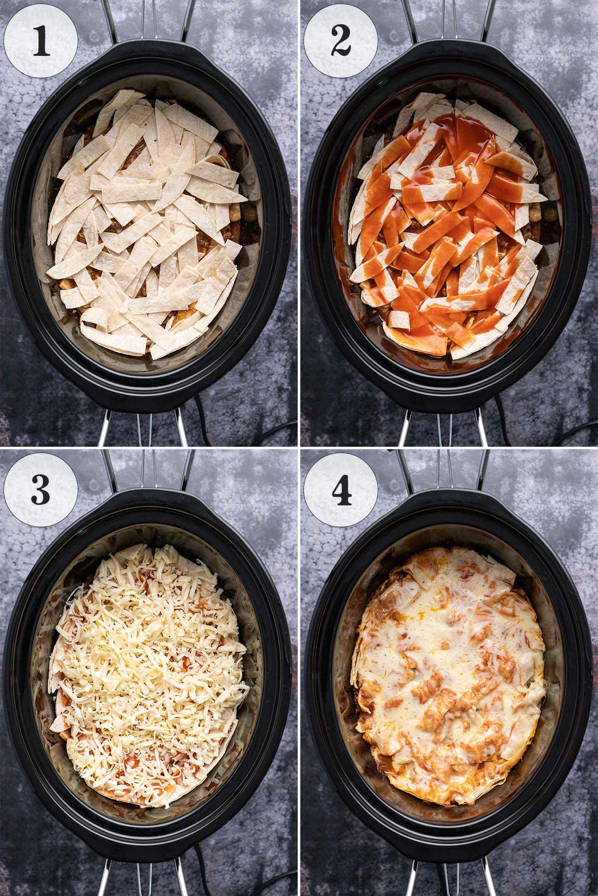 how to make layered enchilada casserole with ground beef or chicken in slow cooker