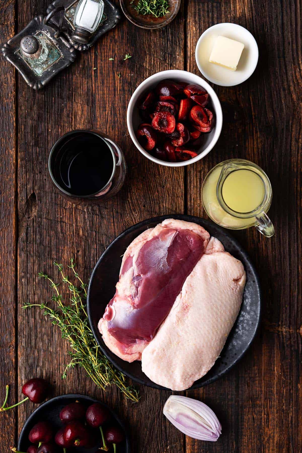 ingredients for duck breast recipe with cherry sauce