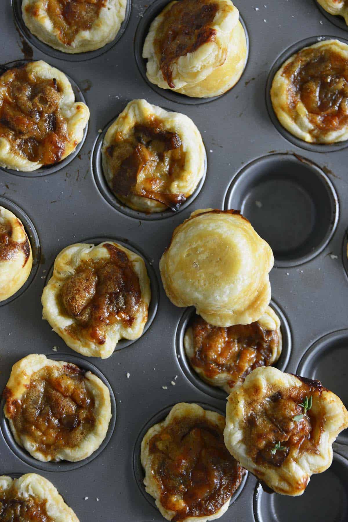 mini french onion tarts in mini muffin pan