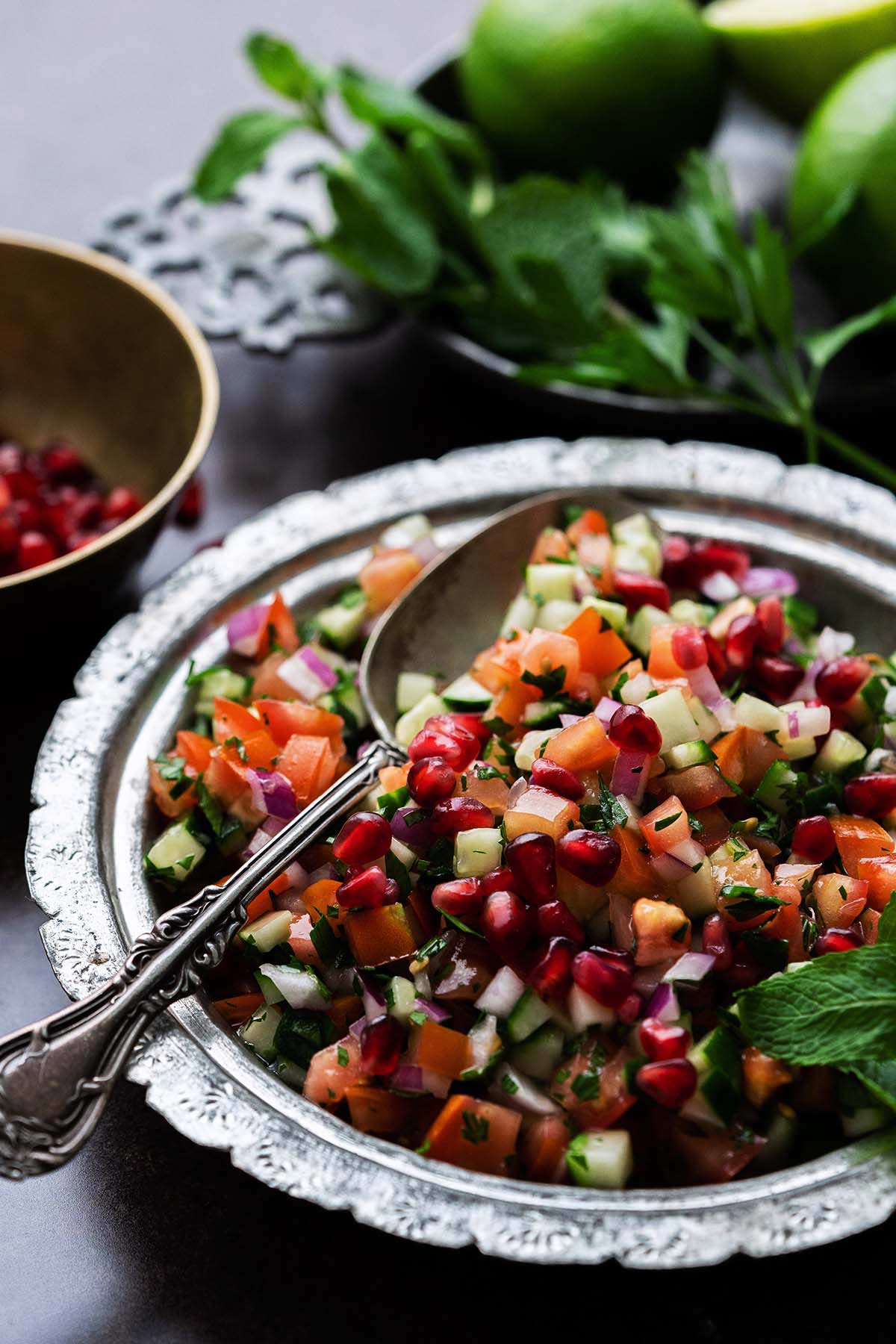Persian salad Shirazi in silver bowl