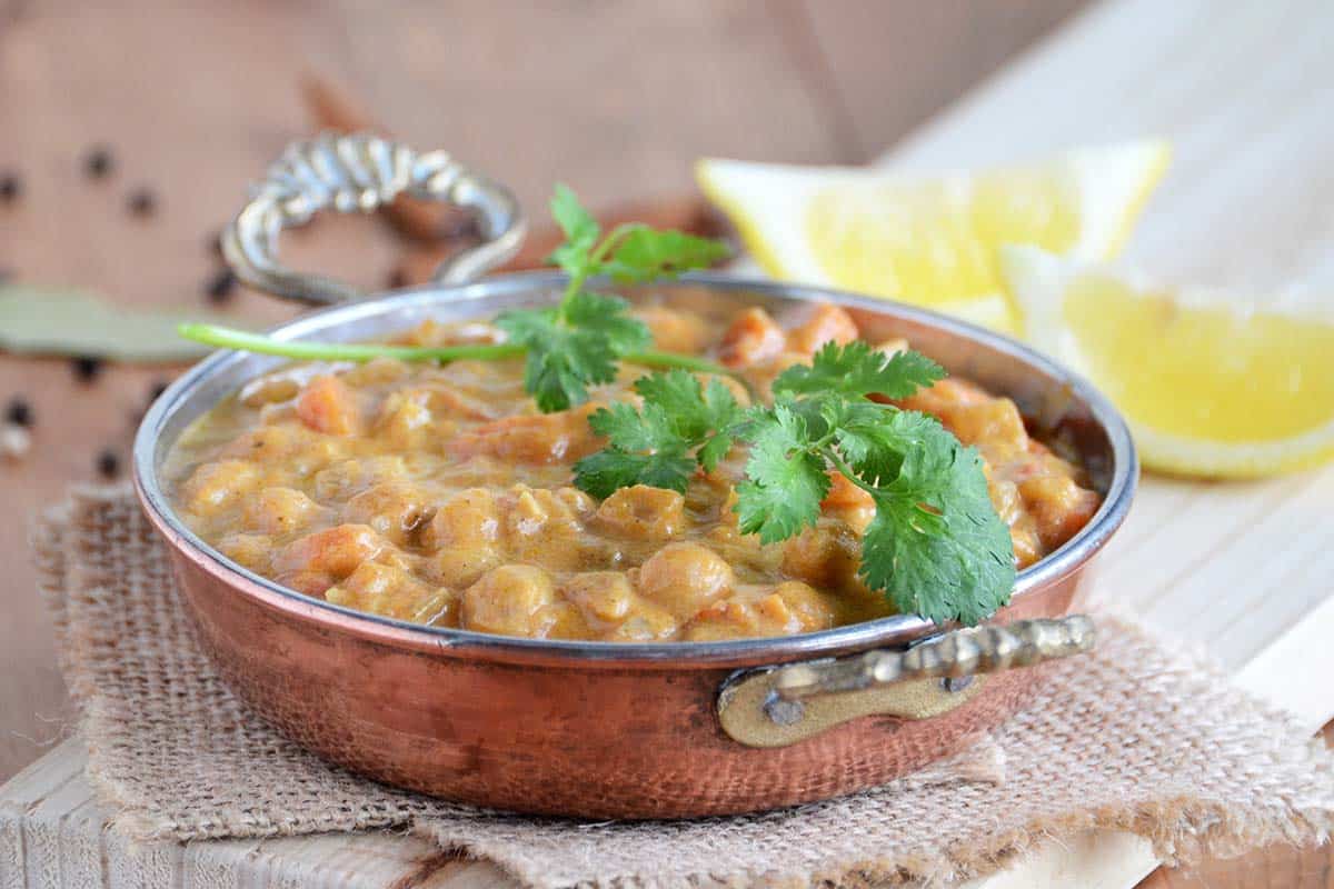 serving dish with chickpea pumpkin curry
