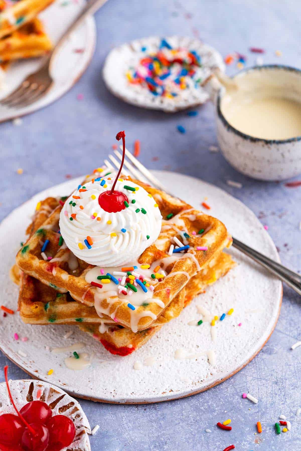 birthday breakfast with funfetti waffles