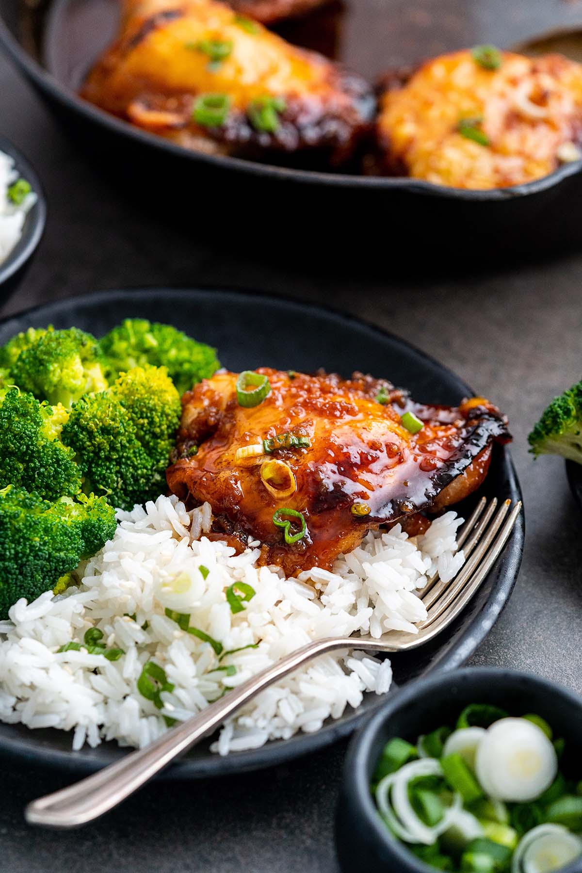 honey garlic chicken with rice and broccoli