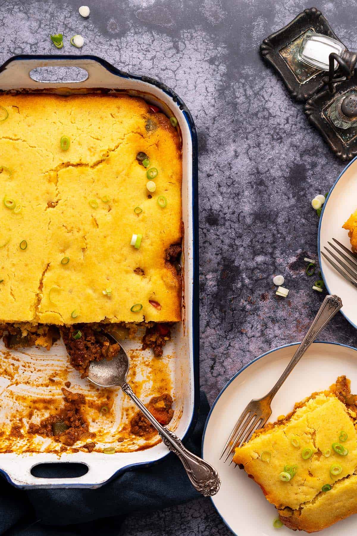 overhead view of casserole dish with sloppy joe bake