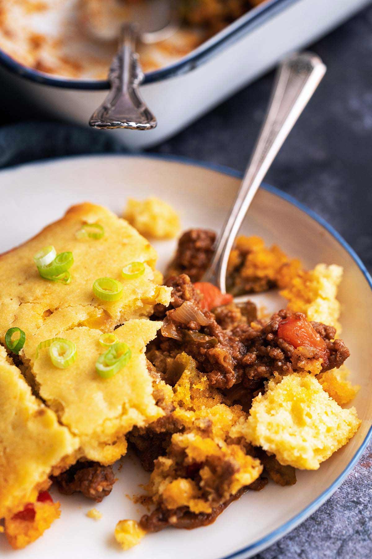 serving of sloppy Joe cornbread casserole on plate