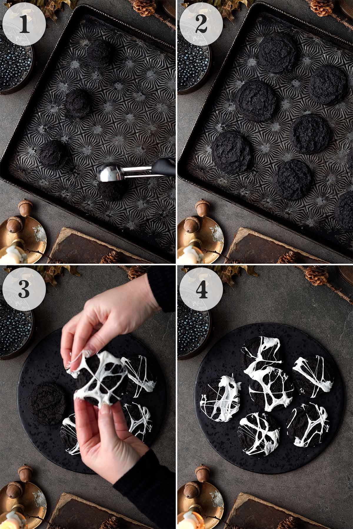 how to make black cocoa halloween cookies with marshmallow cobwebs